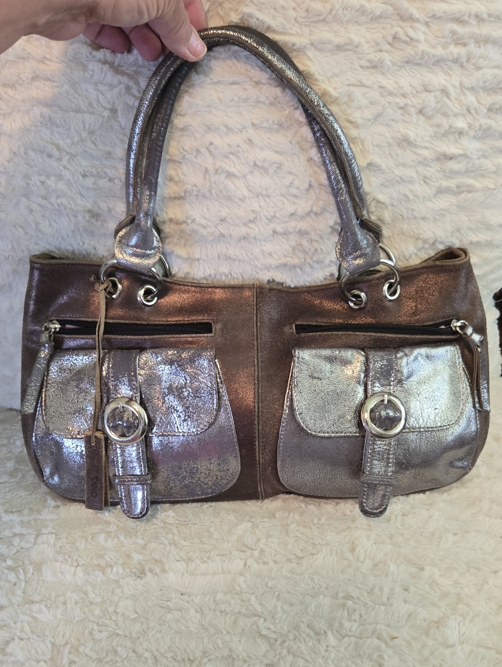 Tano Metallic Bronze 100% Leather Double-Pocket Tote